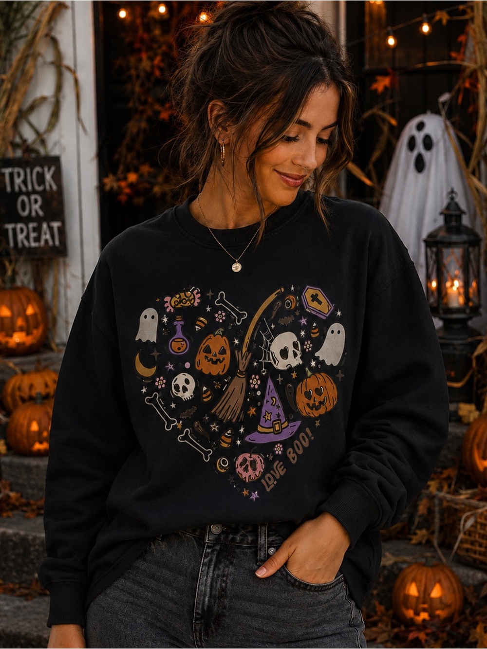 Halloween Graphic Crewneck Sweatshirt - Black with Orange & Purple Print